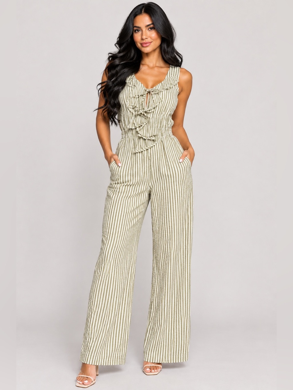 Striped light olive green & White Wide-Leg Jumpsuit